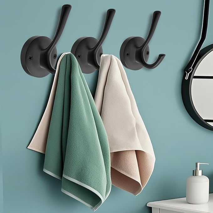 Black Towel Hooks for Wall, 5 Pack Coat Robe Hook Heavy Duty Metal Double Bath - Image 3