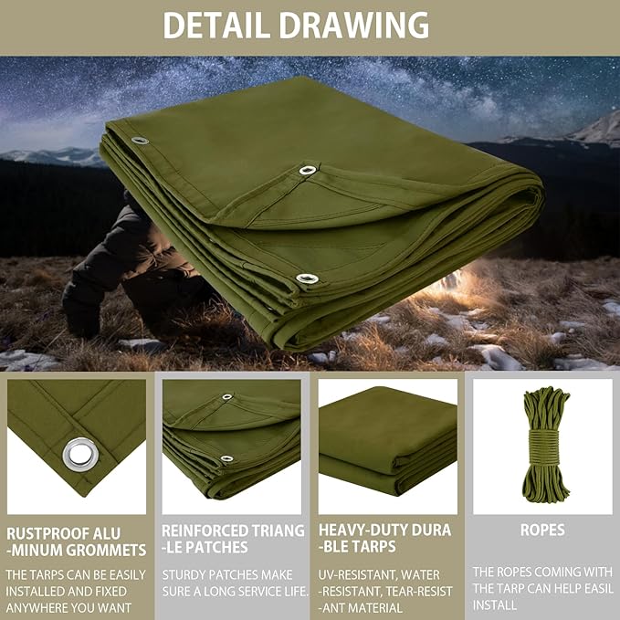 FoundGo Canvas Tarp 4x4ft Heavy Duty Waterresistant Tarps with Grommets, UV Resistant, 22 Mil Tarpaulin,14 oz Durable Cloth Covers for Car, Roof, Boat, Camp, Canopy, Woodpile with Ropes-Moss
