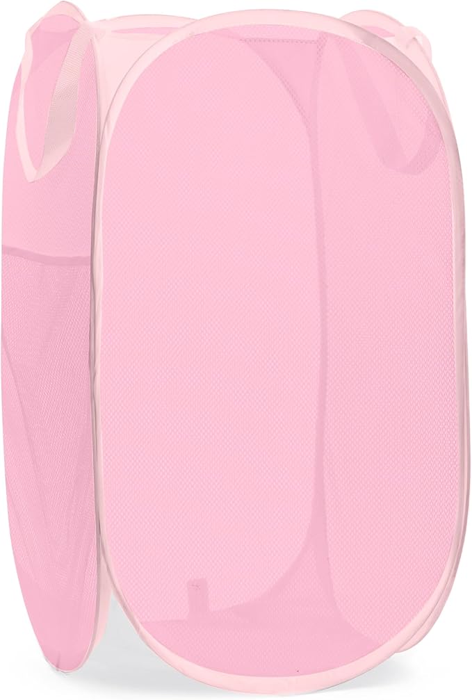 Handy Laundry Collapsible Mesh Pop Up Hamper with Wide Opening and Side Pocket - Breathable, Sturdy, Foldable, and Space-Saving Design for Clothes and Storage (Pink)