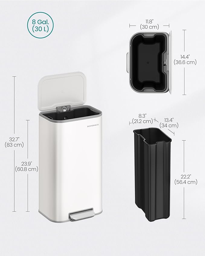 SONGMICS Kitchen Trash Can, 8-Gallon (30 L) Garbage Can with Lid, Stainless Steel, Soft Close and Stays Open, Inner Bucket, Wide Non-Slip Pedal, Cloud White ULTB546W01