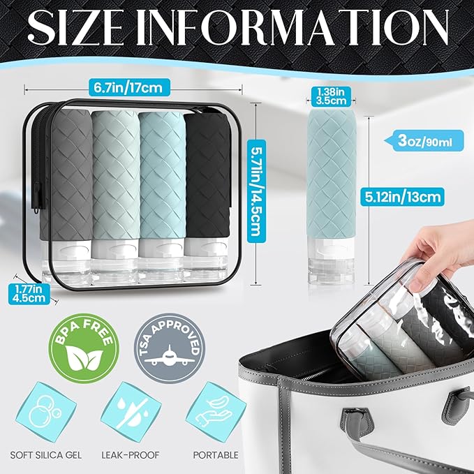 Travel Bottles for Toiletries, TSA Approved Silicone Travel Size Containers for Toiletries, BPA Free Leak Proof Refillable Essentials Accessories, Shampoo and Conditioner Bottles (Gray)