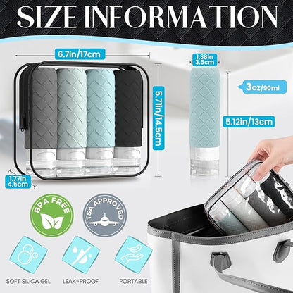 Travel Bottles for Toiletries, TSA Approved Silicone Travel Size Containers for Toiletries, BPA Free Leak Proof Refillable Essentials Accessories, Shampoo and Conditioner Bottles (Gray)