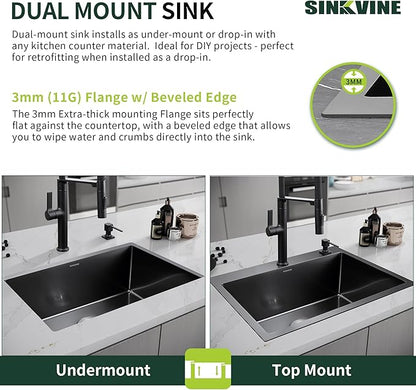 Black Kitchen Sink Drop-In 25 x 18 inch, SINKVINE PVD Nano Stainless Steel Outdoor Sink, Top Mount Large Deep Single Bowl Laundry Basin, w/Drain Strainer, Bottom Grid, Roll-up Drying Unit, Dark Gray