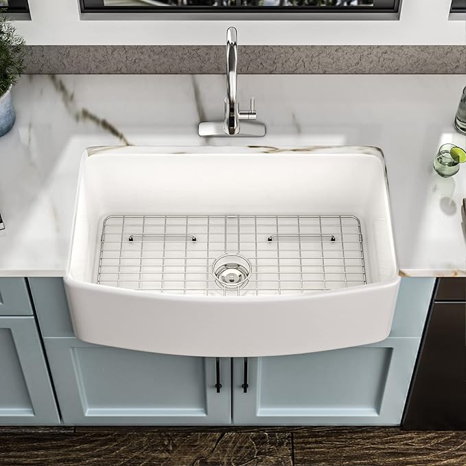 33 White Farm Sink - Fulorni 33"x20" Curved Apron Front Farmhouse Kitchen Sink Ceramic Porcelain Fireclay Single Bowl Farmer Style Basin