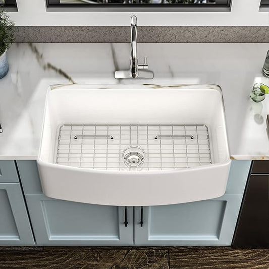 33 White Farm Sink - Fulorni 33"x20" Curved Apron Front Farmhouse Kitchen Sink Ceramic Porcelain Fireclay Single Bowl Farmer Style Basin