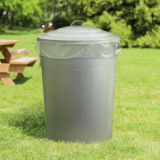 Plexon Round Trash Can 13 Gallon, Vintage Metal Outdoor Trash Can with Lid, Retro Farmhouse Garbage Container, Old School Modern Ash Bucket, Gray 6 Pack