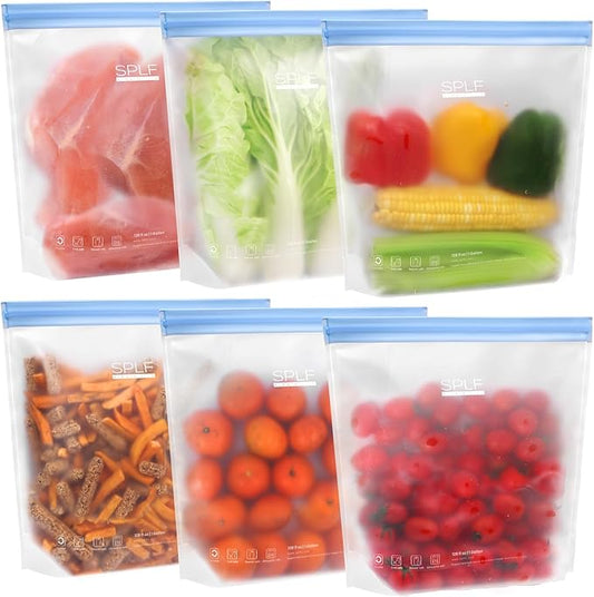 SPLF 6 Pack Stand-Up Reusable Gallon Freezer Bags Dishwasher Safe, Extra Thick 1 Gallon Leakproof Food Storage Bags, BPA and Silicone Free Freezer Bags for Meal Prep, Bread, Veggies, Home Organization
