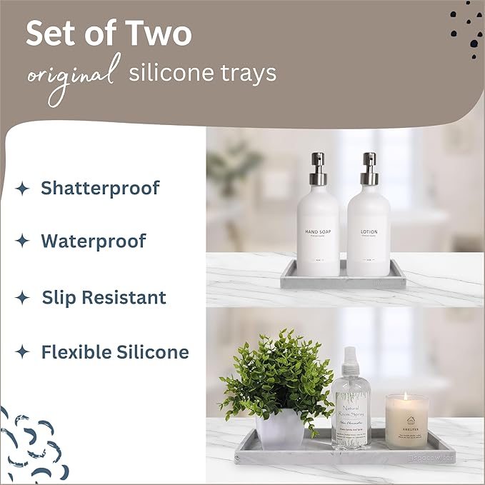 Countertop and Vanity Tray - 2 PC (11” and 7”) Shatterproof Silicone Kitchen and Bathroom Trays for Counter, Kitchen Soap Dispenser Tray, Vanity Trays for Bathroom, Perfume Key Tray