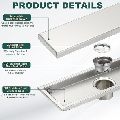uxcell Rectangular Shower Drain, Brushed 304 Stainless Steel Odor-Proof Floor - Image 3