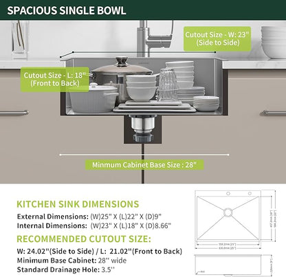 25-Inch Drop-In Kitchen Sink, SINKVINE 25" x 22" Stainless Steel Indoor and Outdoor Sink, Top Mount Large Deep Single Bowl Sink for Laundry Room, with Drain Strainer, Bottom Grid, Roll-up Drying Unit