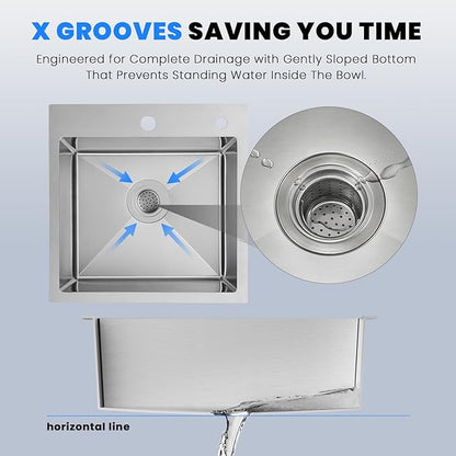 POPFLY 18 Inch Drop In Kitchen Sink, 304 Stainless Steel Top mount Handmade Single Bowl Kitchen Sink 9 Inches Deep Bar Prep Sink, Brushed Nickel（18×18×9）