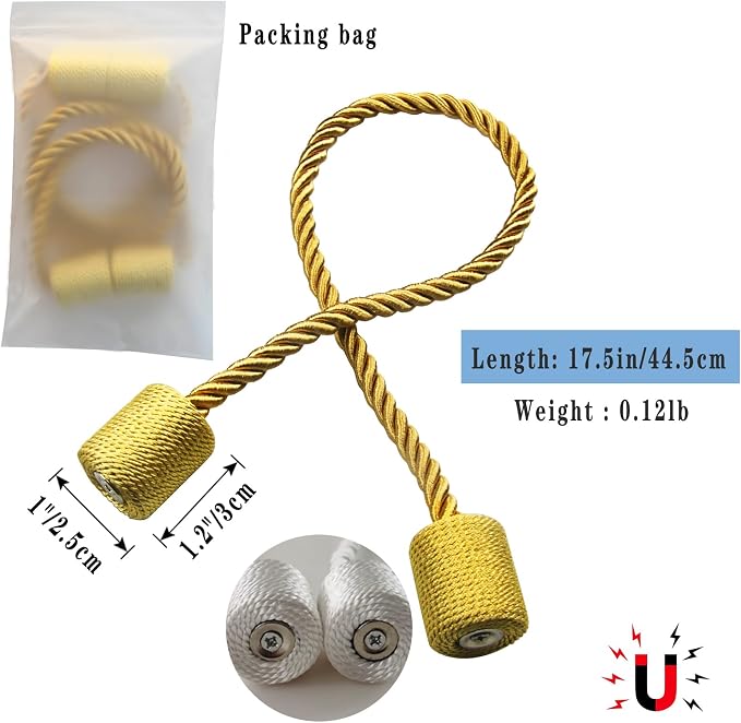 Magnetic Curtain Tiebacks 2 Pack Gold Curtain Rope Tieback Curtain Holders - Image 2
