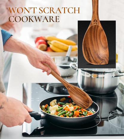Wooden Spoons for Cooking, Natural Premium Teak Wood Corner Spoon, Good Grip - Image 3