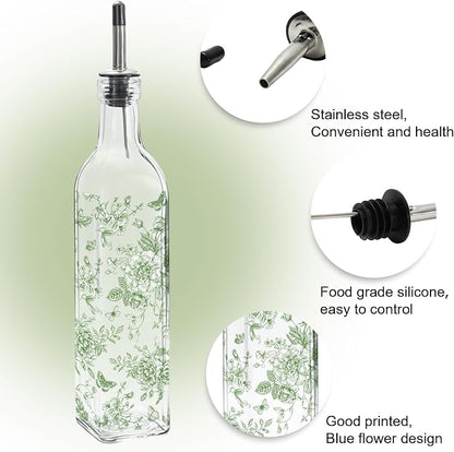 JarThenaAMCS Chinoiserie Olive Oil Dispenser Bottle Green Floral Glass Cruet - Image 3