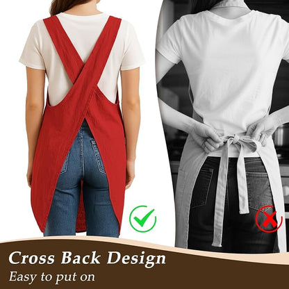 Apron for Women with Pocket Cotton Linen, Japanese Cross Back Apron for - Image 4
