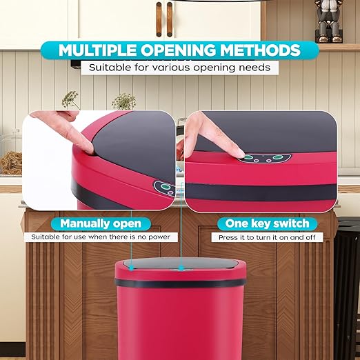 Automatic Motion Sensor Bathroom Trash Can with Lid, 13 Gallon Touchless Trash Bin, Smart Dog Proof Garbage Can, Touch Free Waste Basket for Toilet, Office, Bedroom,Red,2