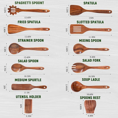 12 Piece Wooden Spoons for Cooking, Natural Teak Wooden Utensils Set, Handmade - Image 4