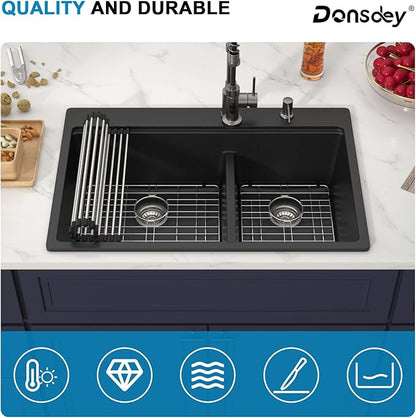 33 Inch Drop in Granite Composite Black Kitchen Sink-Donsdey Double Bowl Topmount 60/40 Basin Quartz Workstation Sink with Luxury Accessories Easy Cleaning Noise Reduction