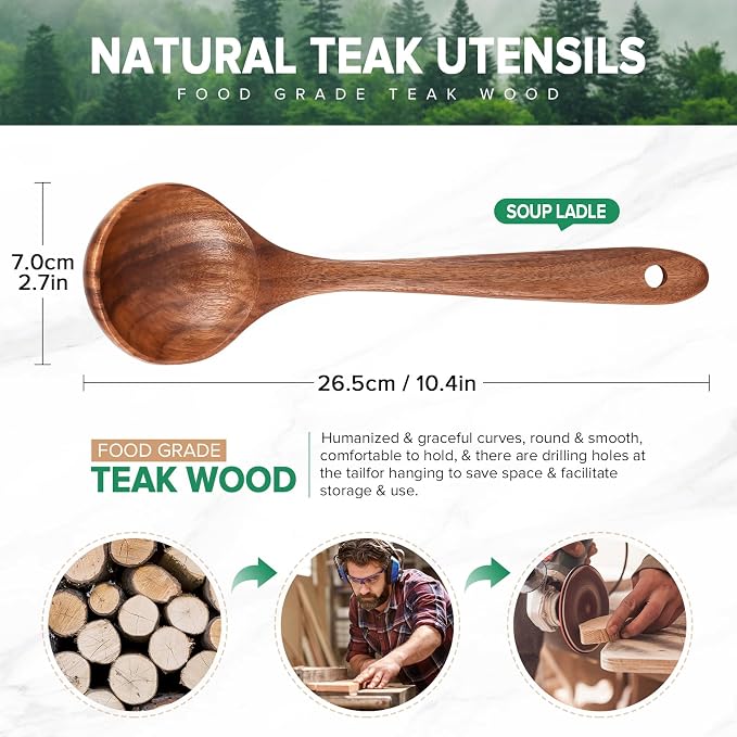 Wooden Soup Spoon for Cooking, Teak Acacia Soup Ladle, Non-Toxic Natural Wood - Image 2