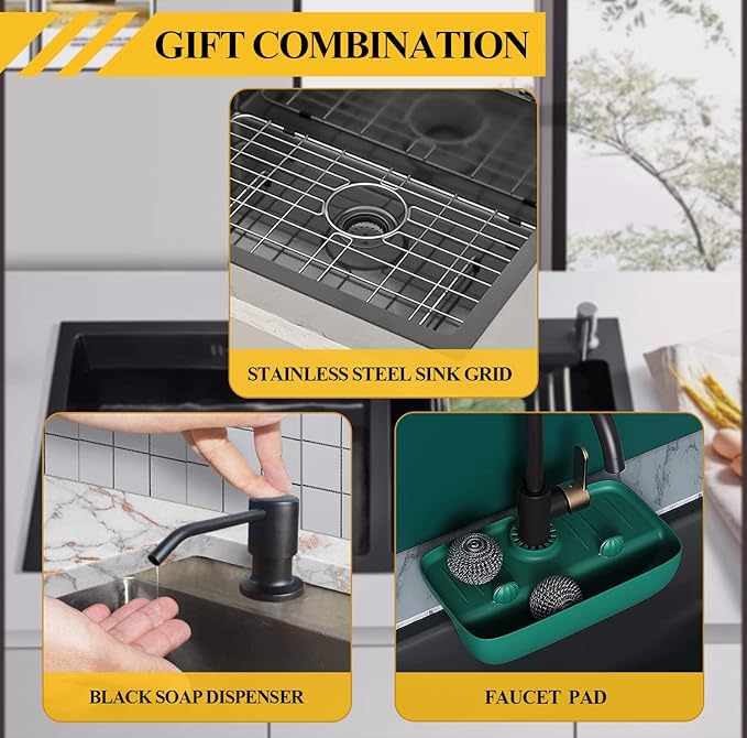 Black Kitchen Sink, Stainless Steel Topmount 25x22x9 Inch Single Bowl Drop In Kitchen Sink Combo- Stainless Grid,Soap Dispenser,Faucet Mat,Drain Strainer Set for Modern Style Kitchen&Bar