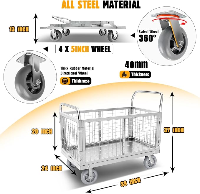 Platform Truck Cart with Cage, 6 in1 Foldable Flatbed Cart Heavy Duty Push Cart - Image 7
