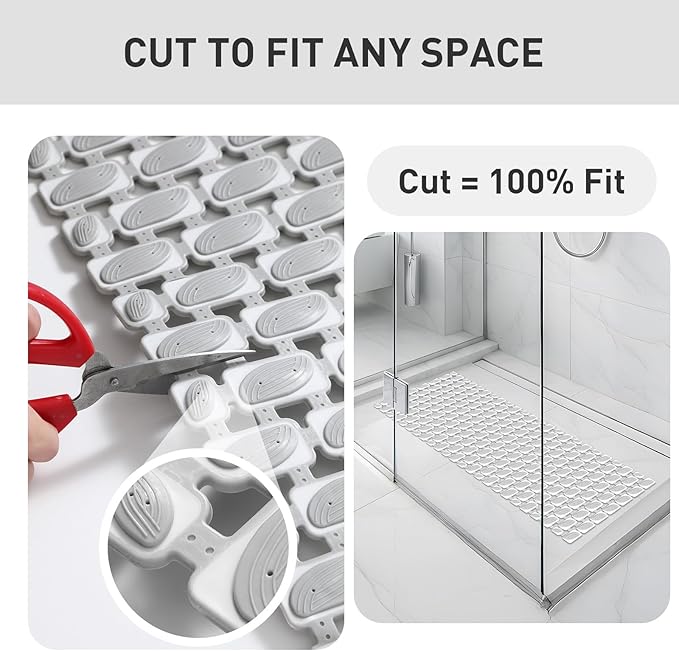 Shower Mat Non Slip Bathtub Mat - 36 x 16 Inch Eco-Friendly Soft Bath Mat for Tub Non Slip Shower Mats for Inside Shower with Suction Cups and Drain Holes, Easy to Clean Quick-Drying, Grey