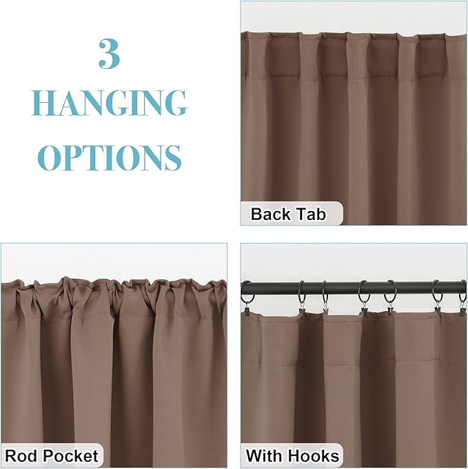 RYB HOME Farmhouse Curtains Blackout - Light Block Thermal Insulated Curtains for Kitchen Cafe Bar Bedroom with Back Tab Top Versatile Hanging, Width 42 x Length 45, Mocha, 2 Panels