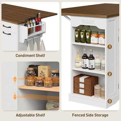 Kitchen Island with Power Outlet & Drop Leaf, Rolling Storage Cart with Trash - Image 5