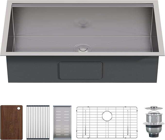 31.5-Inch Undermount Kitchen Sink Workstation, 16 Gauge 304 Stainless Steel Single Bowl Kitchen Sink with Cutting Board, Drying Rack, Roll-Up Rack and Drain Assembly