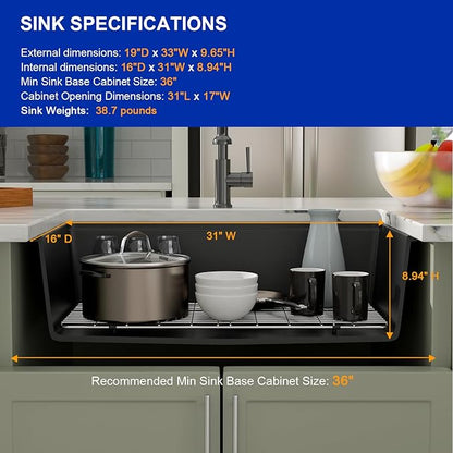 Dcolora 33 inches Granite Composite Kitchen Sink Workstation Black Undermount Single Bowl Large Kitchen Sink 33"W x 19"D x 10"H, DC-GU7743