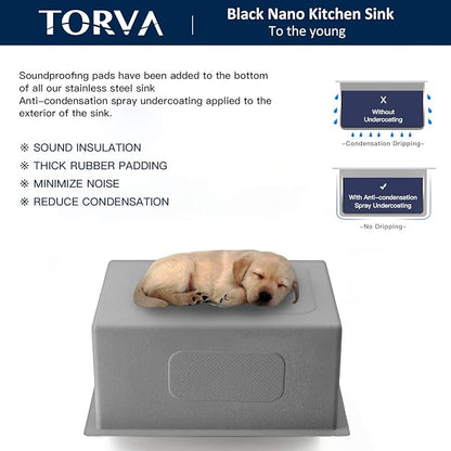 TORVA 17-Inch Gloss Black Ceramic Coating with NanoTek Undermount Kitchen Sink, PVD Coated Gunmetal Sink,16 Gauge Stainless Steel Single Bowl - 17 x 19 x 9 Inch Deep Bar/Prep Basin, Dark Gray