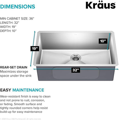 Kraus KHU100-32 Standart PRO 16 Gauge Undermount Single Bowl Stainless Steel Kitchen Sink, 32 Inch