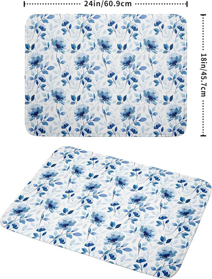 Blue Floral Dish Drying Mat 18x24 inch Flower Leaves Dish Rack Pad Microfiber - Image 2