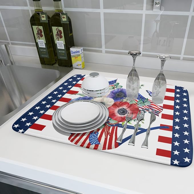 Patriotic American Flag Dish Drying Mat 18x24 Inch Spring Summer Flower 4th of - Image 6