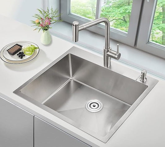 POPFLY 25×22 Inch Drop in Kitchen Sink, Top mount Stainless Steel Single Bowl Sink, 18 Gauge Hand-made Overmount 9 Inch Deep Sink, Brushed