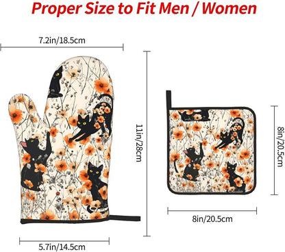 Orange Floral Pot Holders and Oven Mitts Set of 3, Cute Black Cat Kitchen - Image 4