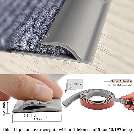 Self Adhesive Carpet Transition Strip with Edge Trim, Designed for Seamless Transitions from Carpet to Tile or Vinyl Floors, Perfect for Doorways.(Gray,15ft)