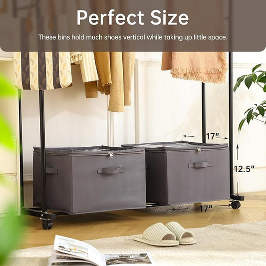 2 Pack Shoe Organizer for Closet,Fits up to 32 Pairs,Adjustable Dividers for Shoe Storage,Fabric Shoe Storage Bins with Clear Cover,Grey