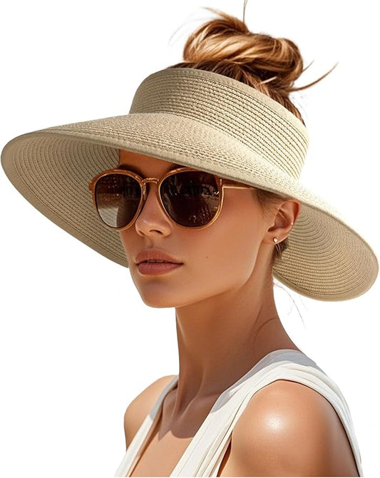 Womens Sun Visor Hats Wide Brim Straw Beach Hat UV Protection Ponytail Packable Beach Vacation Essentials