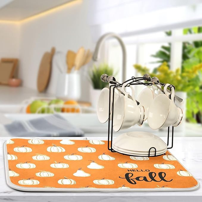 Hello Fall Burnt Orange Dish Drying Mat for Kitchen Countertop 18x24 Autumn Pumpkin Large Drying Mat Reusable Quick Dry Dish Sink Mats Easy Clean Decorative Essentials