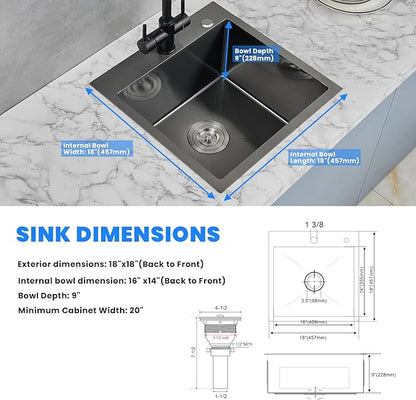 POPFLY 18×18 Inch Drop In Bar Prep Sink, 304 Stainless Steel Top mount Handmade Single Bowl Sink 9 Inche Deep Small Kitchen Sink with 2 Hole, Black