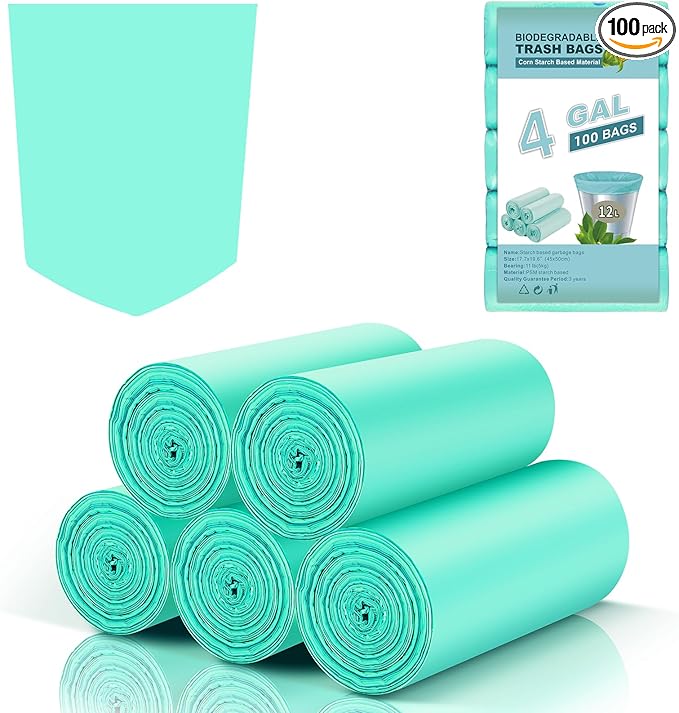 4 Gallon Biodegradable Trash Bags - Inwaysin Bulk 100 Count Unscented Compostable Garbage Bags for Bathroom Bedroom Office Kitchen Trash Can Waste Basket Liners Strong Thick
