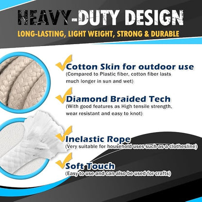 PerkHomy 500lb Cotton Rope 3/16" 50 ft Multi Purpose Utility Diamond Braided - Image 3