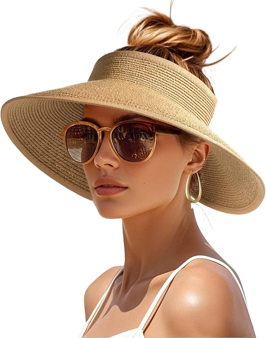 Womens Sun Visor Hats Wide Brim Straw Beach Hat UV Protection Ponytail Packable Beach Vacation Essentials