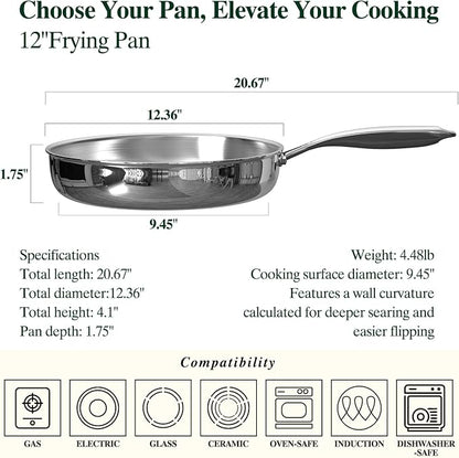 Umite Chef 12 inch 5 Ply Stainless Steel Frying Pan Non-Toxic PFOA&PTFE Free - Image 2