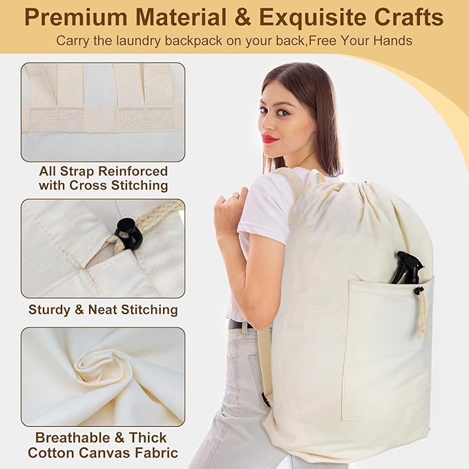 Laundry Bag Backpack, Canvas Laundry Bag with Straps & Drawstring Closure Washable Dirty Cloth Hamper Bag with Large Front Pocket for College, Travel, Laundromat, Camping (2 Pack)
