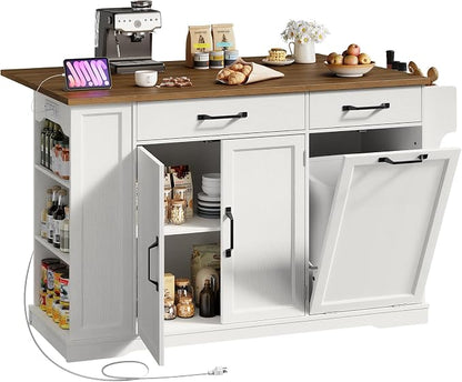 Kitchen Island with Power Outlet & Drop Leaf, Rolling Storage Cart with Trash - Image 8