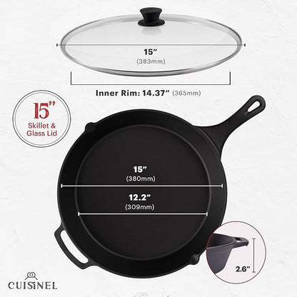 Cuisinel 15" Cast Iron Skillet + Glass Lid Cover + Pan Scraper + Heat-Resistant - Image 4