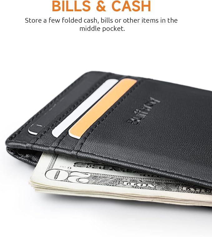 Buffway Mens Slim Wallet, Minimalist Thin Front Pocket Leather Credit Card Holder with RFID Blocking for Work Travel