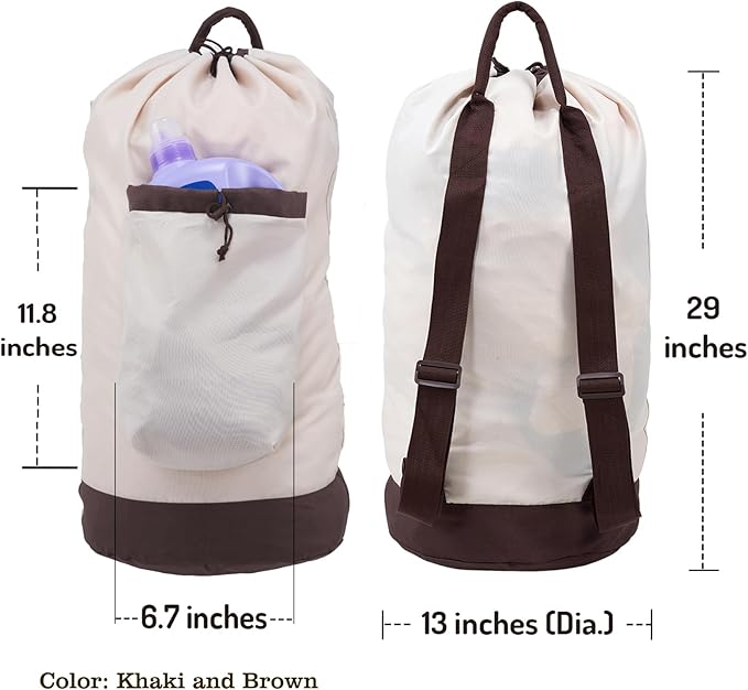 Laundry Bag Backpack with Shoulder Straps and Detergent Holder Clothes, Travel Laundry Backpack Bag Hamper for College Dorm Room (Khaki w Brown)